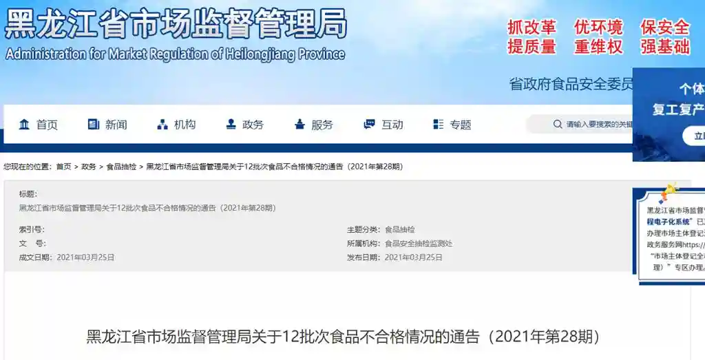黑龙江省市场监督管理局2021年第28期食品抽检：糕点52批次 2批次不合格